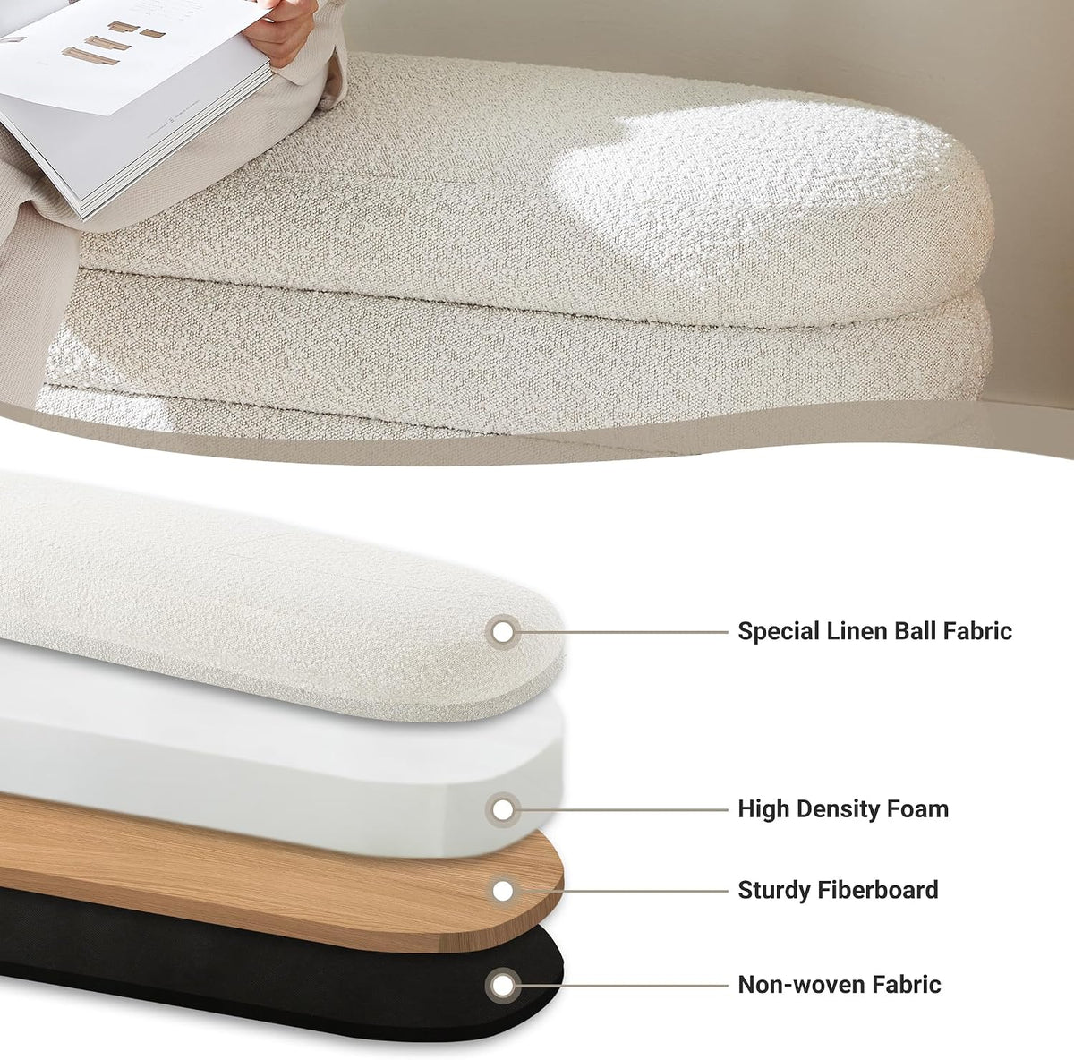 Busaurus Storage Ottoman Bench 49.2 Inch Upholstered Fabric Storage Bench for Bedroom End of Bed Aesthetic Large Oval Ottoman for Living Room Entryway (Ivory)