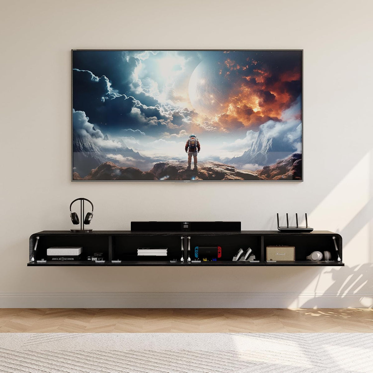 POVISON Fully-Assembled Minimalist Floating TV Stand with LED Lights, Modern Wall-Mounted Media Console with 4 Flip-Down Cabinet Doors for 85 Inch TV, Black Oak, 94"