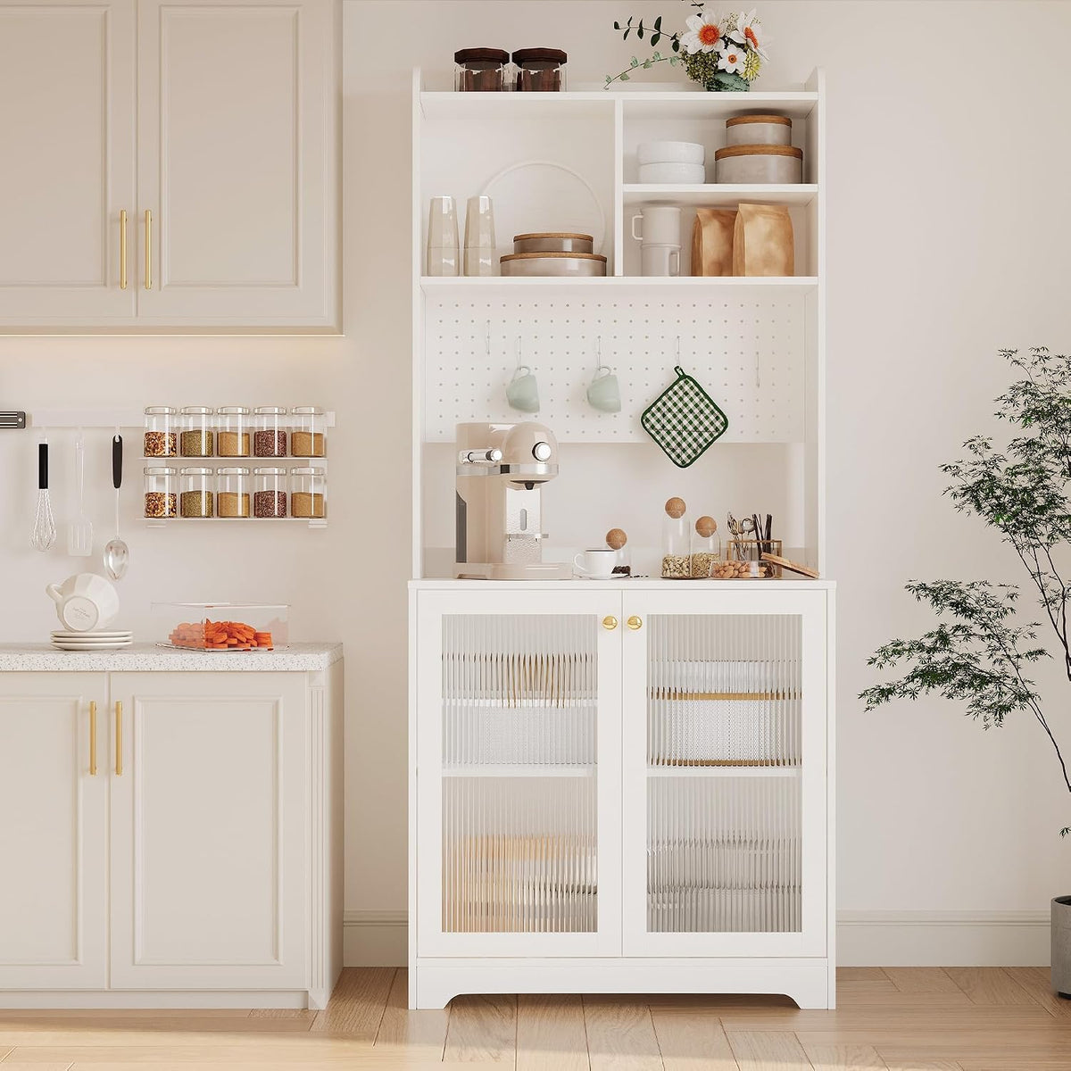 TrailBlaze Versatile Freestanding Kitchen Pantry Cabinet - 71" Tall Sideboard Buffet with Pegboard, 2 Glass Doors, Adjustable Shelves & 6 Hooks, Multi-Compartment Storage for Dining Room or Hallway