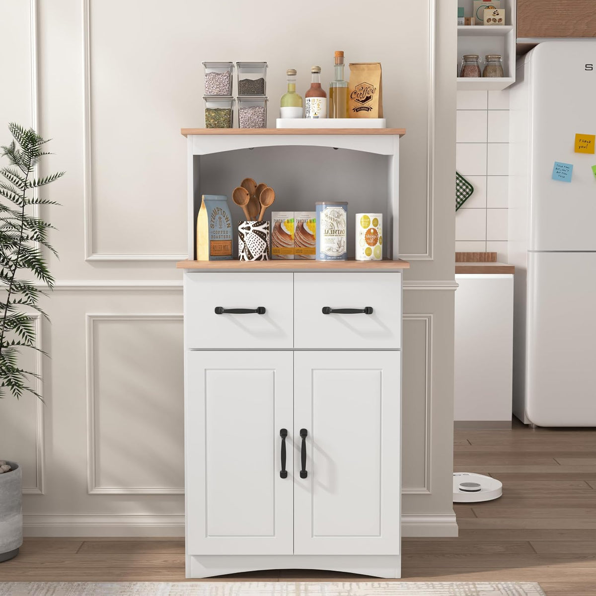 Modern White Wooden Kitchen Pantry Cabinet with Microwave Stand, Storage Drawer & Adjustable Shelf – Space-Saving Organizer for Small Kitchens