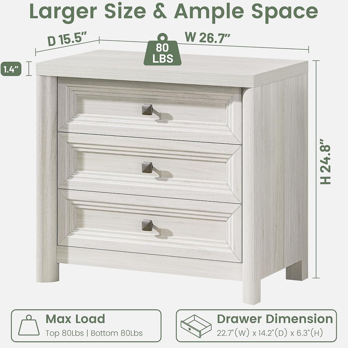 White Nightstand with 3 Drawers, Wood Night Stand with Metal Knobs, Farmhouse Bed Side Table for Bedroom, Modern End Table for Living Room Home Office Storage 1PC