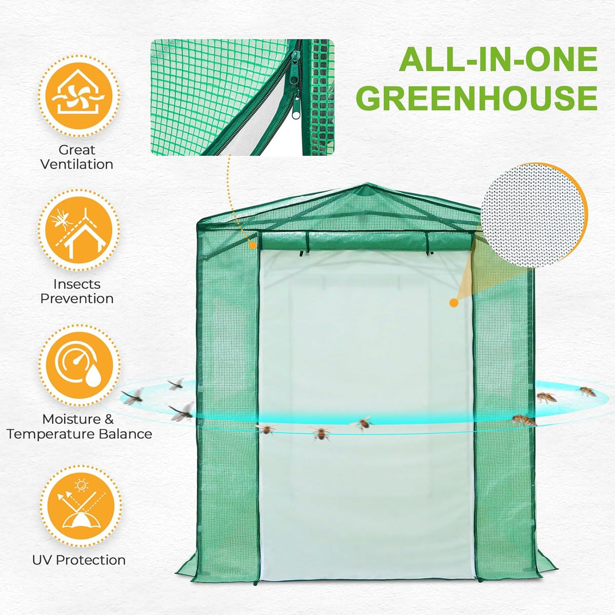 EAGLE PEAK Replacement Cover for 8x6 Portable Pop up Greenhouse, Dual Roll-up Zipper PE Door & Upgraded Screen Mesh Door and 2 Roll-Up Side Windows (Frame Not Included), Green