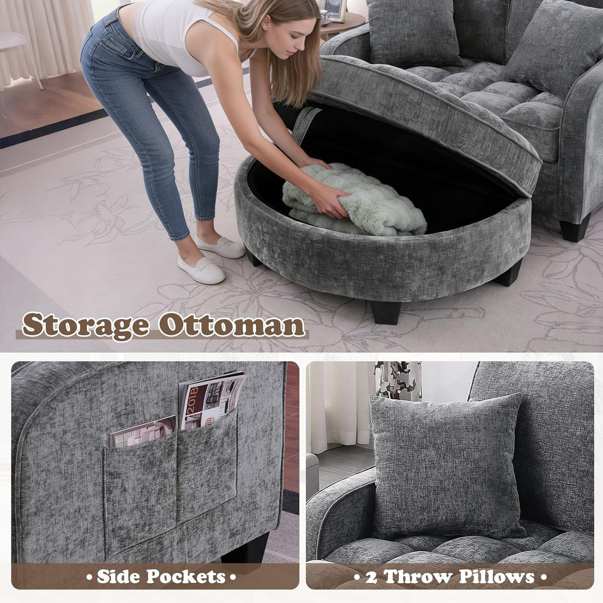 Oversized Chaise Lounge Chair Indoor with Ottoman, Chenille Tufted Comfy Loveseat Sofa Chair with Adjustable Backrest, Fluffy Recliner Sofa, Convertible Couch Sleeper Bed for Living Room(51"W, Grey)