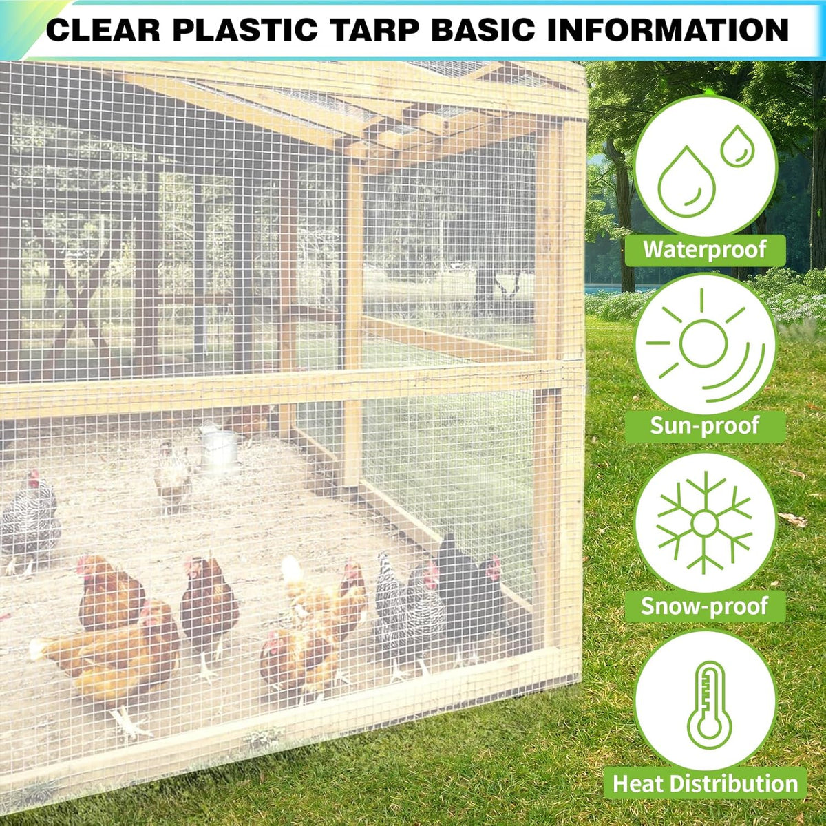 20Ftx30Ft Clear Greenhouse Plastic Covering, 16Mil Thickness Heavy Duty Clear tarp for Chicken coop, Greenhouse Plastic sheeting with Hemmed Edges & preinstalled Grommets.