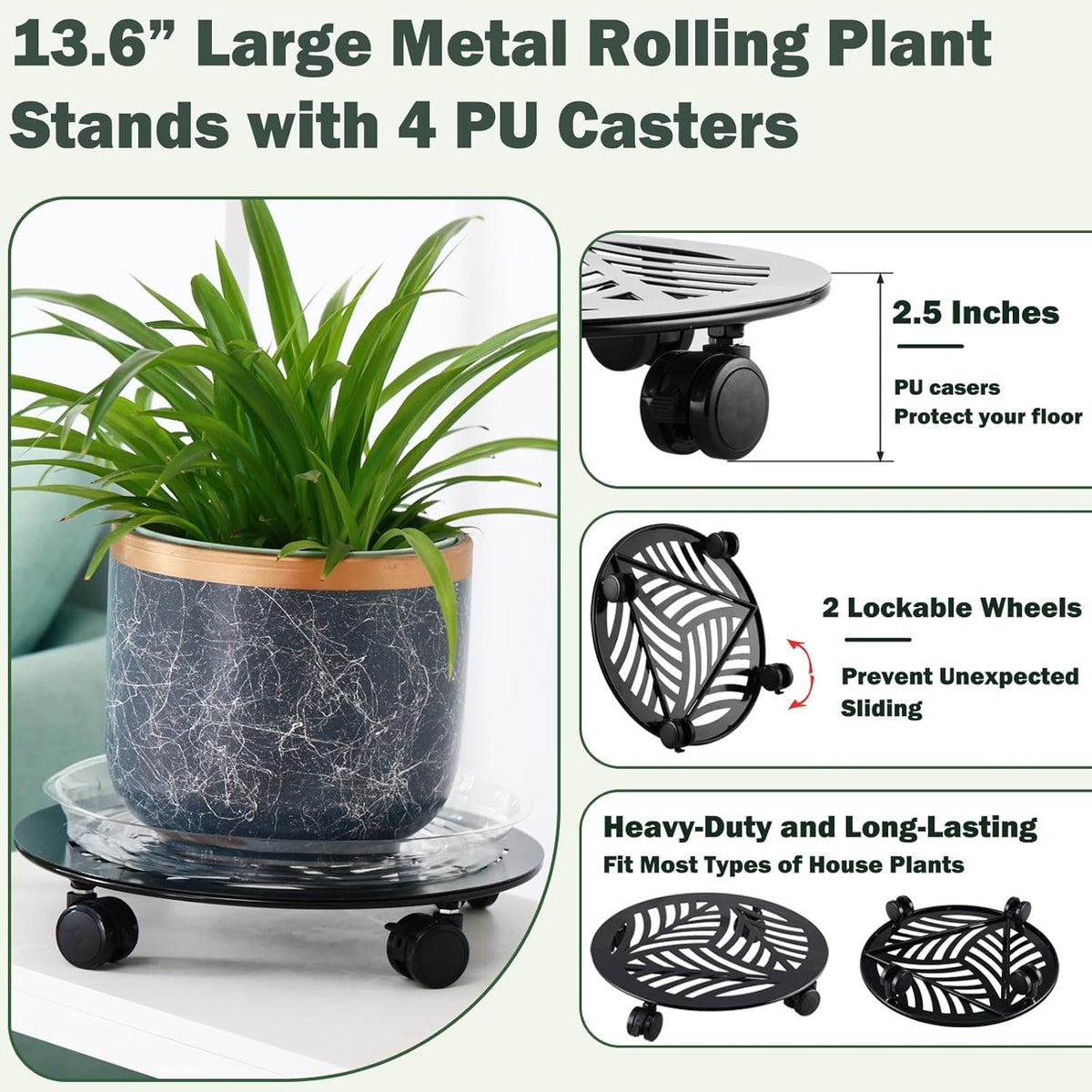 1 Packs Large Metal Plant Caddy with PU Wheels 13.6" Heavy-Duty Wrought Iron Rolling Plant Stands Indoor Outdoor Wheeled Plant Dolly Planter Mover Rollers Plant, Leaf Style