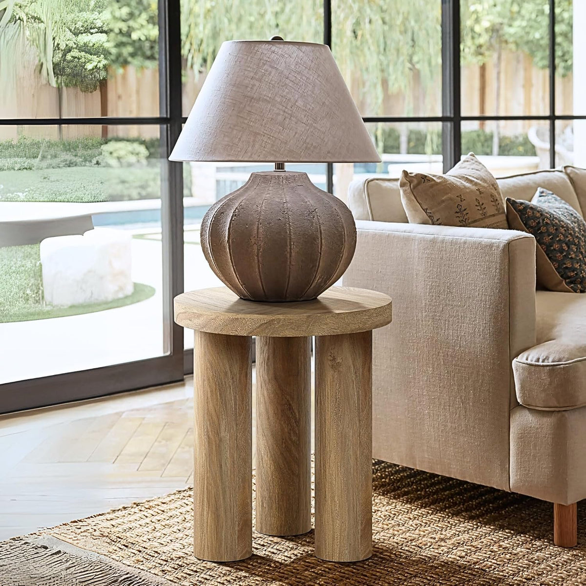LuxenHome Round Side Table, 19" Tall End Table with 3 Pillar Legs, Modern Farmhouse Dark Oak Finish Wooden Couch Side Tables, Accent Table for Living Room, Bedroom
