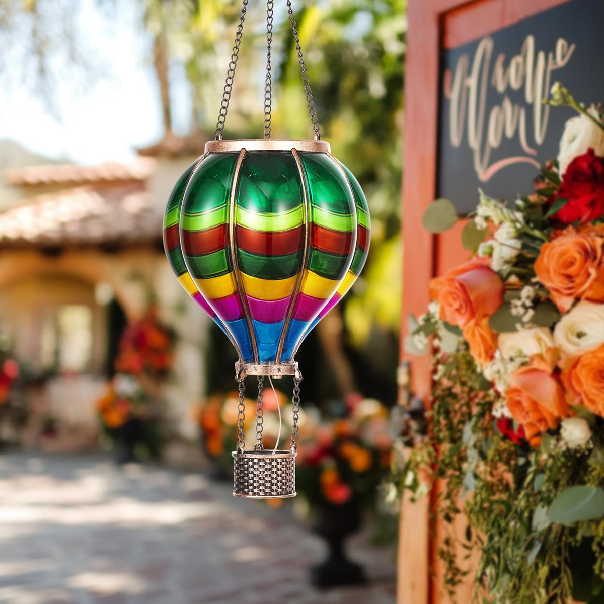 TERESA'S Collections Valentines Day Outdoor Decorations Hot Air Balloon Solar Lantern ,Hanging Flickering Flame Outdoor Lights for Garden Trees Yard, Colorful Lamp Decor for Mom Lovers