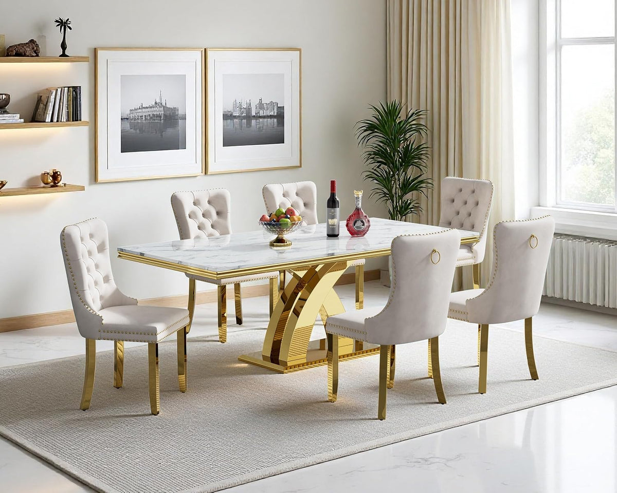 Luxury 7 Piece Dining Set, Modern 68.11" Faux Marble Dining Table with 6 Beige Velvet Dining Chairs, White Kitchen Table Set with Gold Stainless Steel Base, Rectangle Dining Room Table and Chairs Set