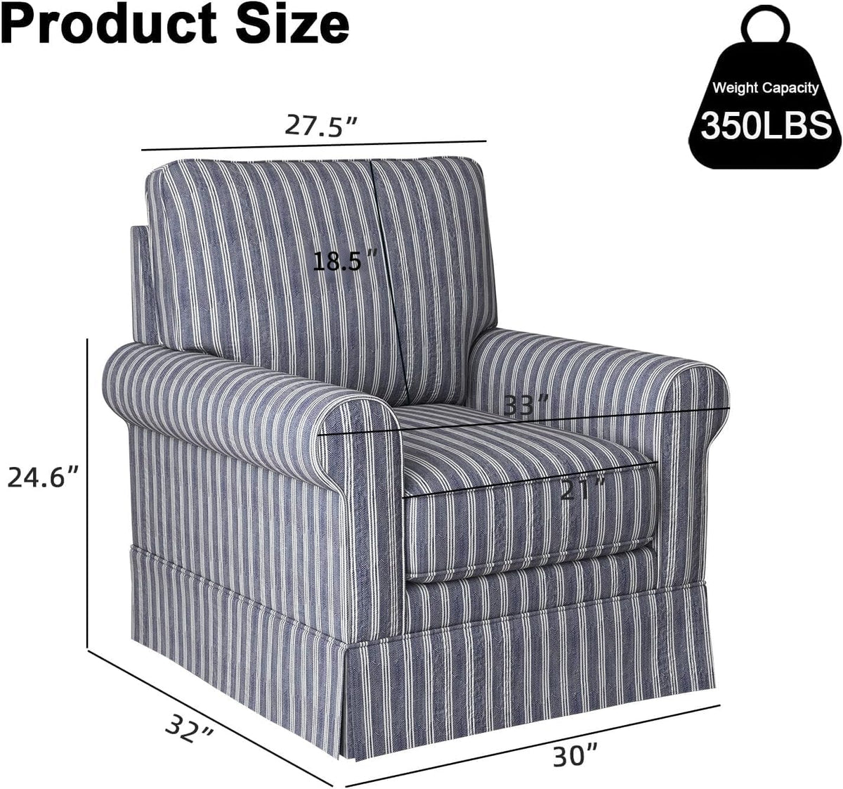 INZOY Swivel Accent Chair Set of 2, Mid Century Modern Reading Chair, Upholstered Swivel Square Chair for Living Room Bedroom Small Spaces, Fully Assembled, Blue Stripe