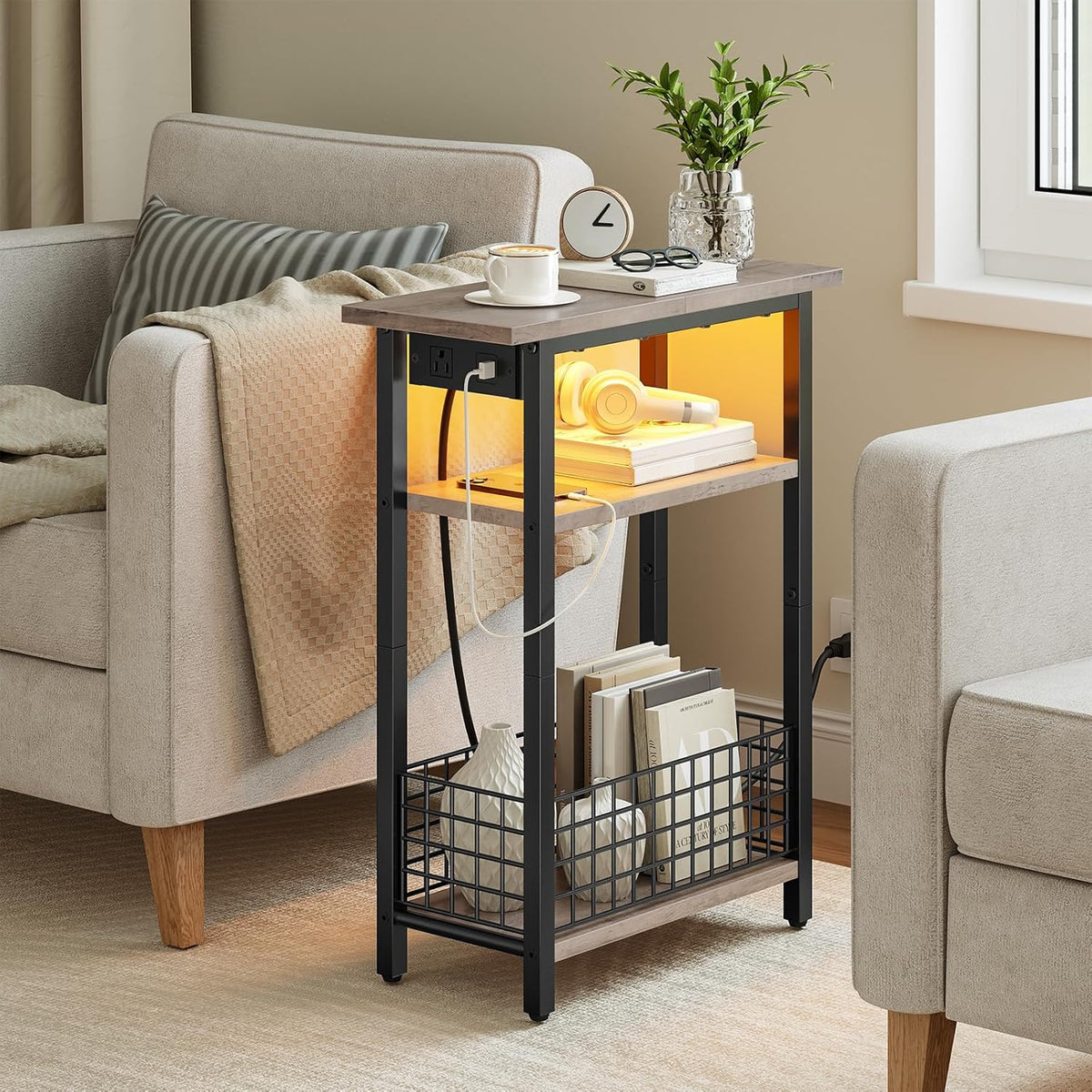 HOOBRO Narrow Side Table with Charging Station and LED Light, Small End Table with Storage, Skinny Nightstand with USB Port, Slim Bedside Table for Small Spaces, Living Room, Greige BG242UDBZ01