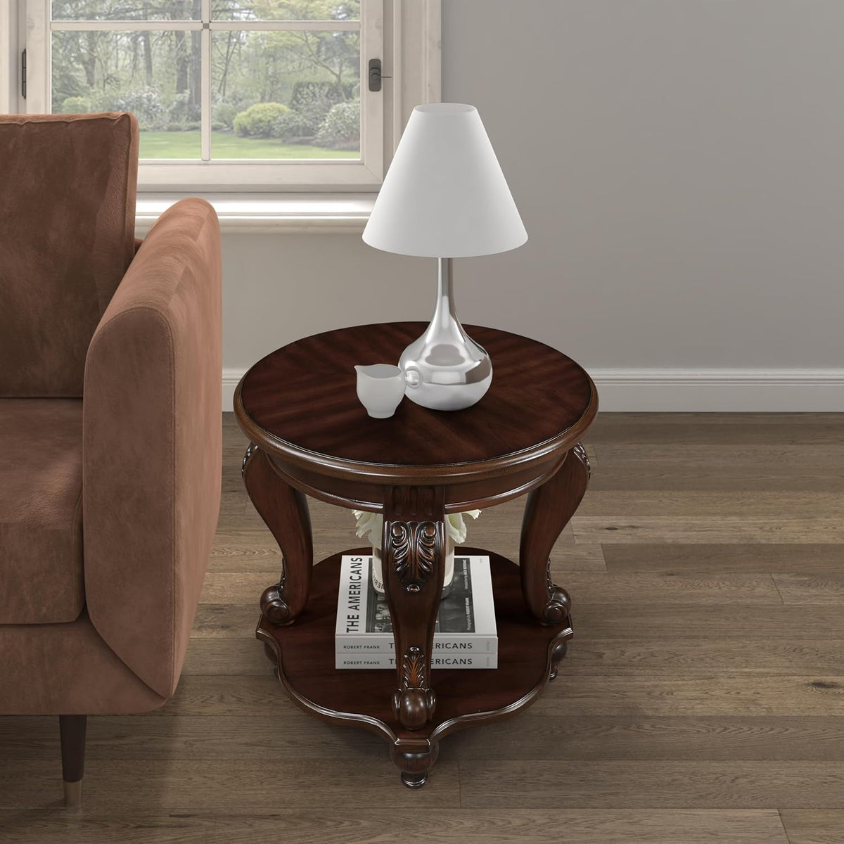 22'' Retro Round End Table,Solid Wood Sofa Side Table with Shelf,Living Room Corner Table Easy Assemble,Cherry