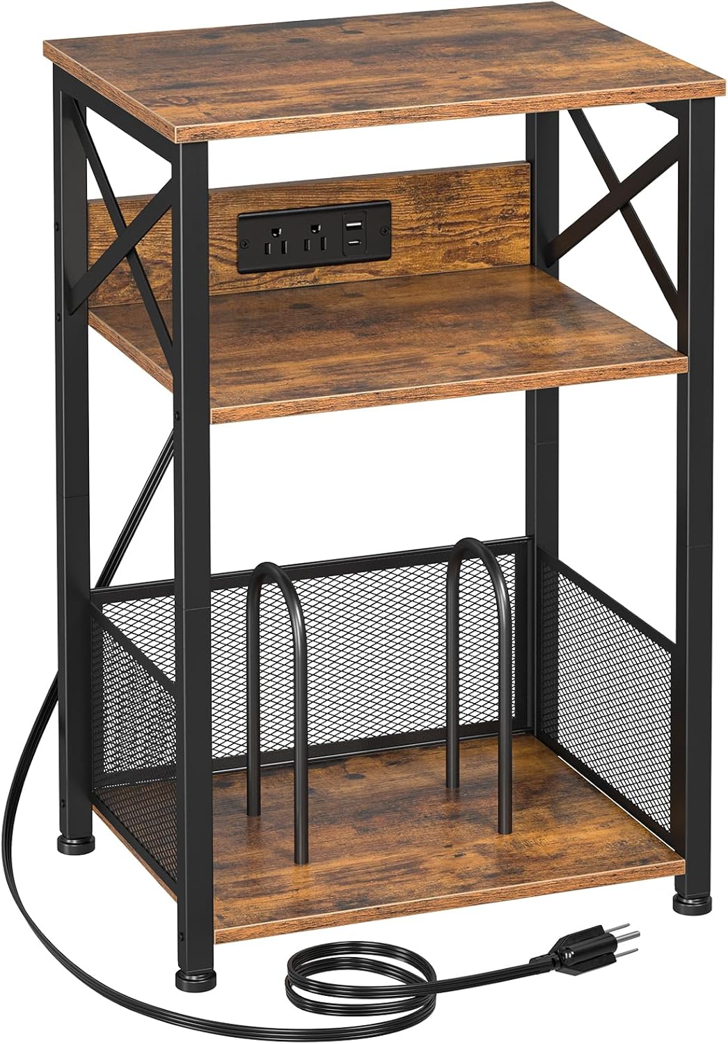 AMHANCIBLE Record Player Stand with Charging Station, Turntable Stand with Storage Cabinet, 3 Tier End Table Hold Up to 100 Albums, Record Table for Vinyl, Living Room, Rustic Brown, HETCD01BR-1