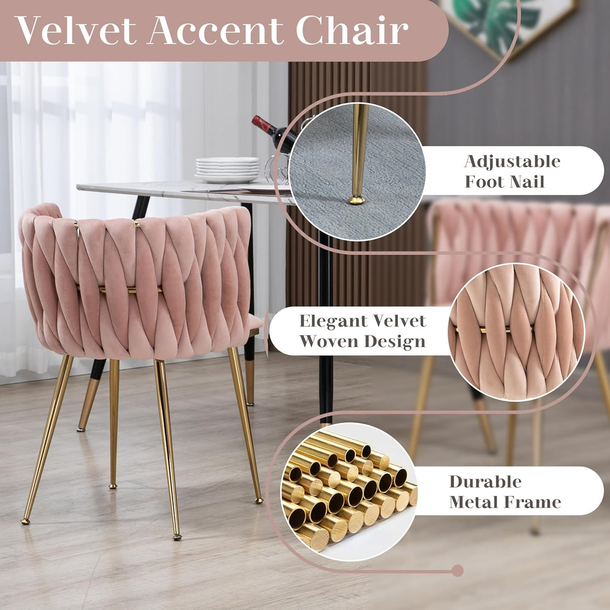 Gold Luxury Round Glass Dining Table Set for 4, 5 Pcs Clear Circle Glass Top Dinner Room Set, 36'' Modern Minimalist Circular Kitchen Table Set, Pink Woven Chair, for Small Place Apartment