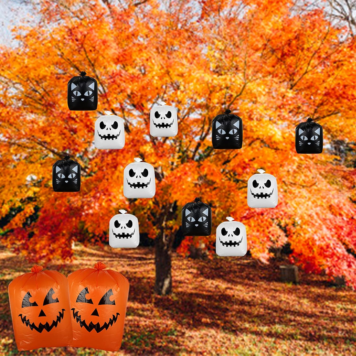 Giiffu 9-Pack Halloween Leaf Bags with Twist Ties – Heavy Duty Pumpkin Yard Waste Bags for Lawn, Garden, Porch, Indoor & Outdoor Halloween Decorations