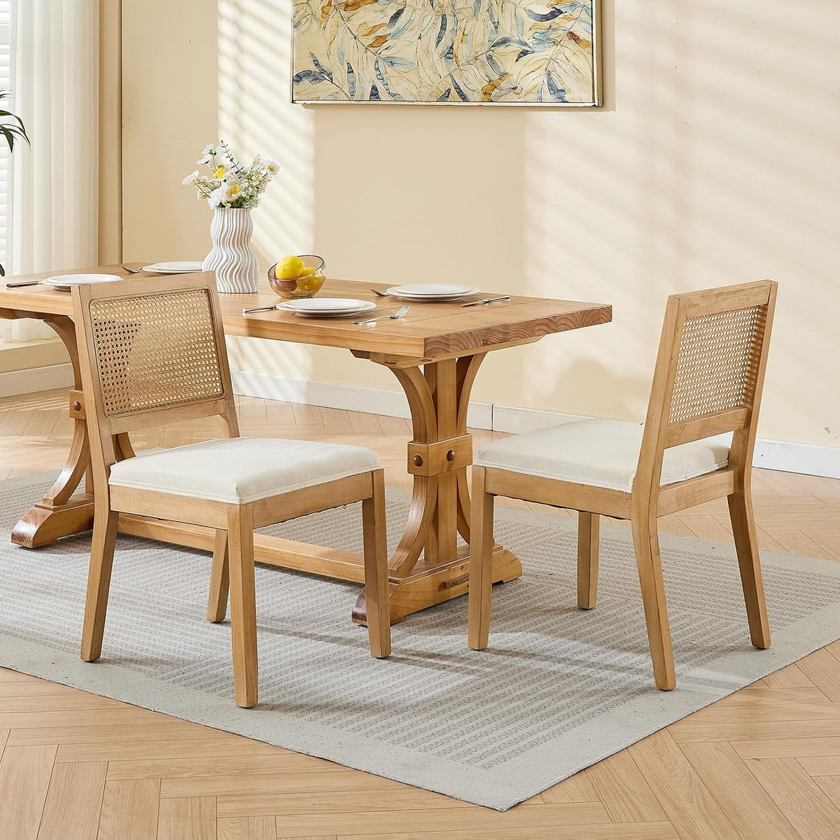 Vintage French Country Dining Chairs Set of 6, Rattan Dining Chairs with a Low Square Back, Beige Upholstered Dining Chair, Sillas para Comedor, Kitchen & Dining Room Chair (Beige, 6Pcs)
