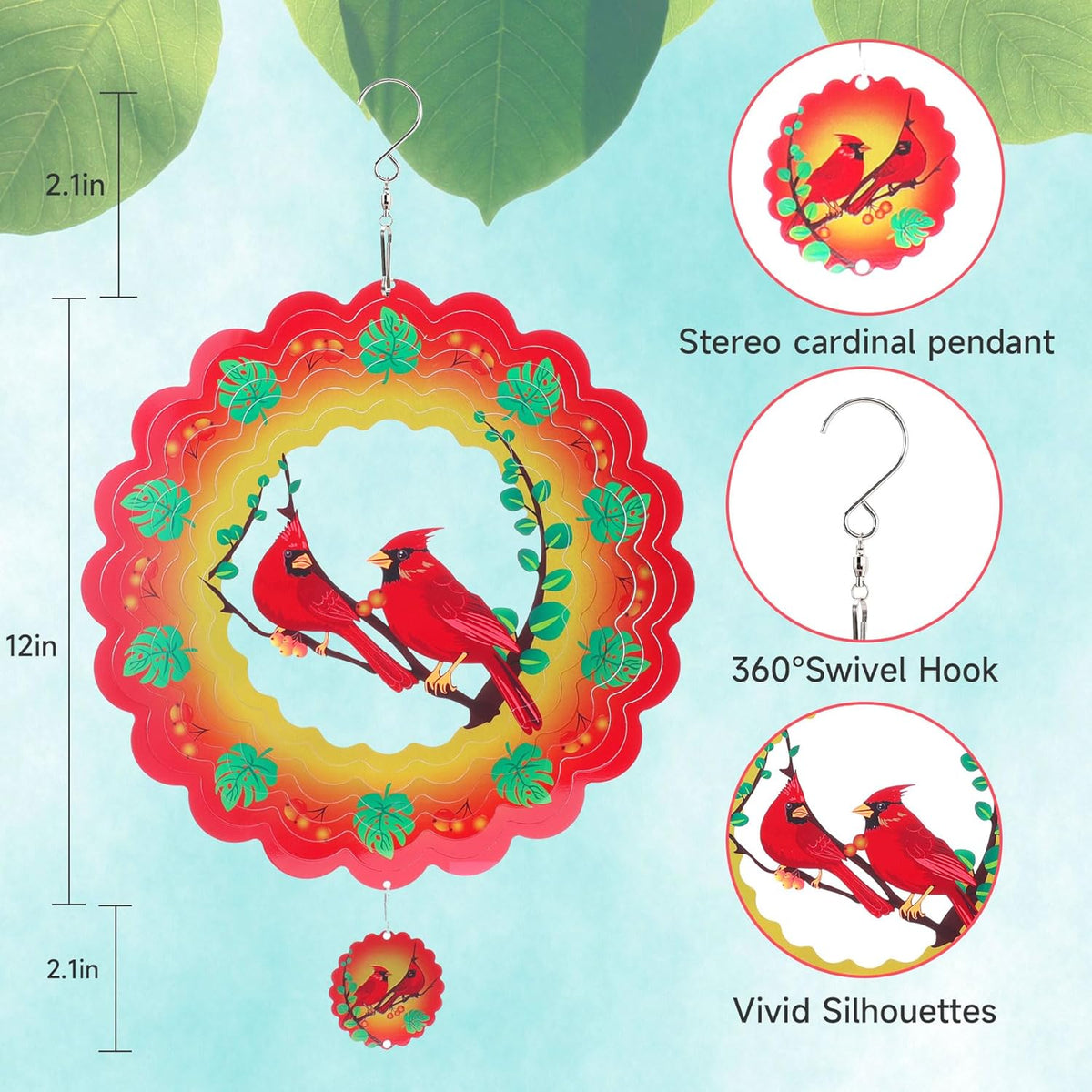 Cardinal Wind Spinners Gift for Women Men, 12 Inch Outdoor Metal 3D Wind Spinner Garden Yard Decor, Hanging Wind Catchers Stainless Steel Kinetic Sculpture for Outside Decoration