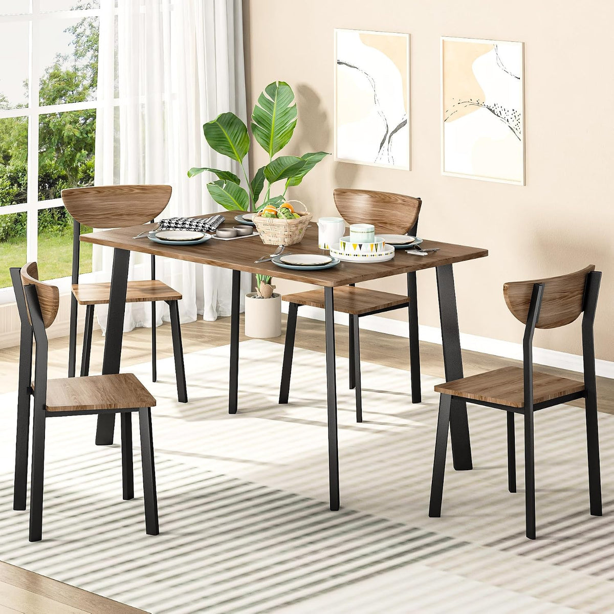 furlinkhm Kitchen Dining Table Set for 4, Modern Rectangular 5 Piece Dining Room Table and Chairs Set, Brown Wooden Metal Table Set for Family Dinner, Party, Afternoon Tea and Work (Curved Moon)