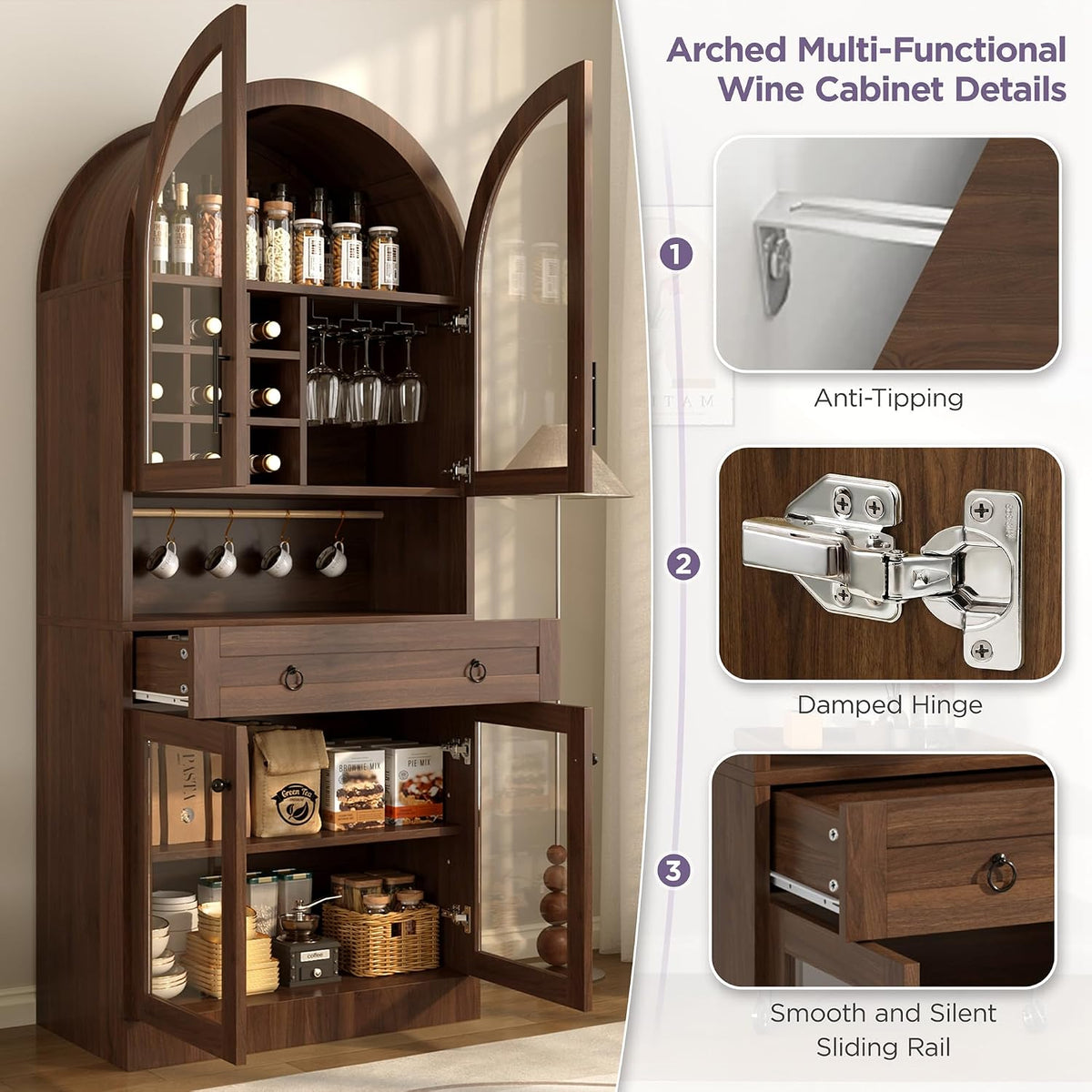 Merax 70" Tall Arched Farmhouse Pantry Cabinet with Glass Doors, Walnut | Mid-Century Kitchen Storage Cupboard with 9 Wine Racks, Adjustable Shelf, and Large Drawer for Coffee Bar, Liquor Storage