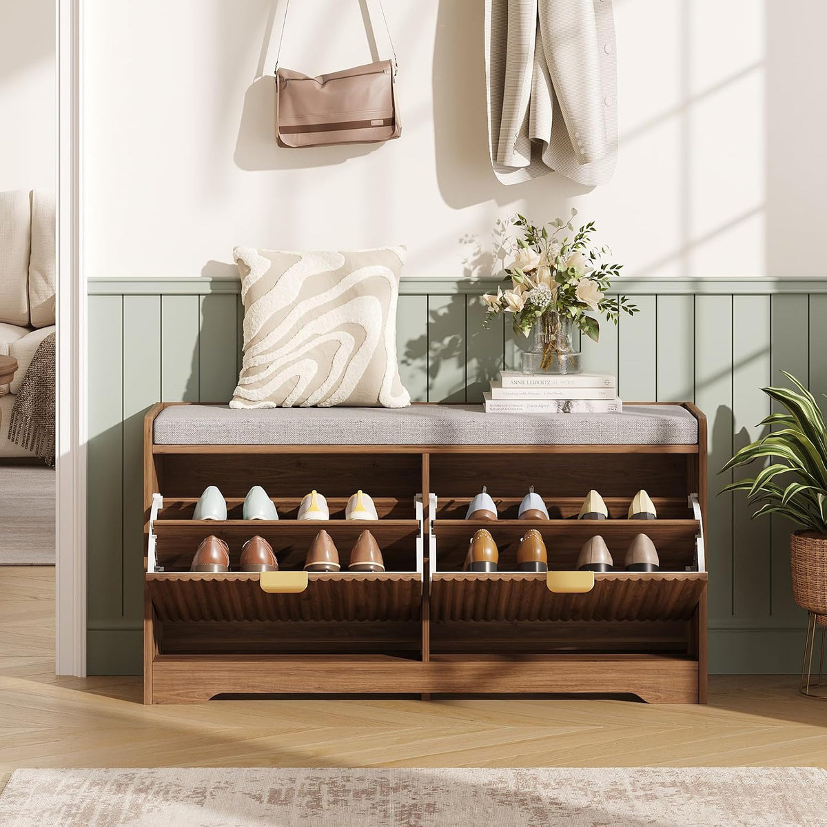 Maupvit Fluted Shoe Bench with 2 Flip-Drawers, 39.4" Narrow Entryway Bench with Shoe Storage and Seat Cushion, Adjustable Shelf, Walnut Hidden Shoe Rack Bench for Front Door Entrance, Hallway