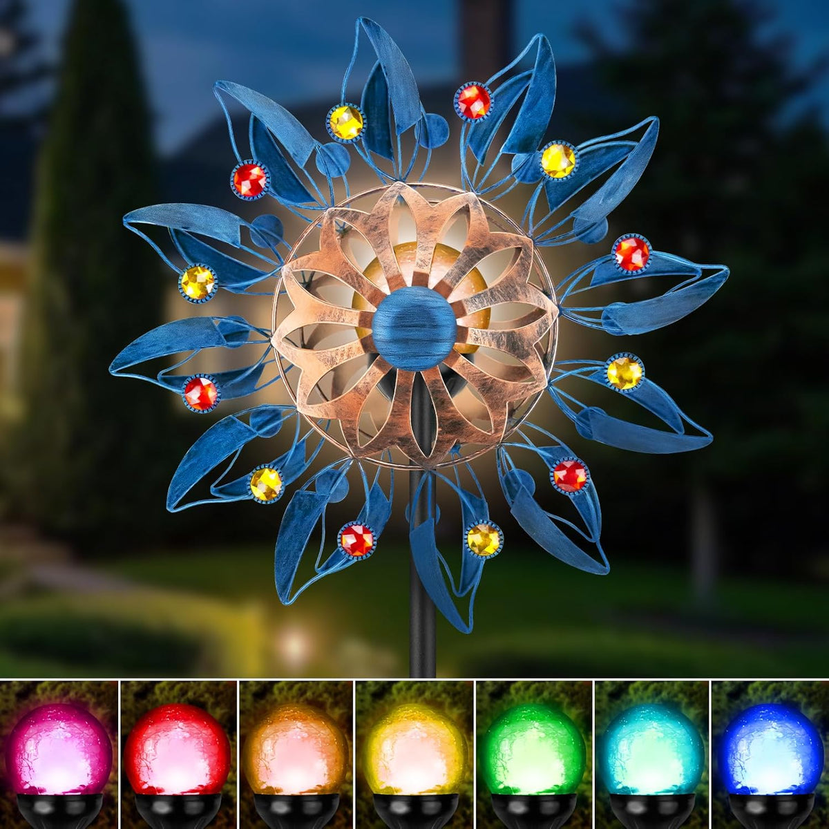 Solar Wind Spinner Retro Spinner, Waterproof Outdoor Metal Wind Sculpture for Patio, Lawn & Garden Decor