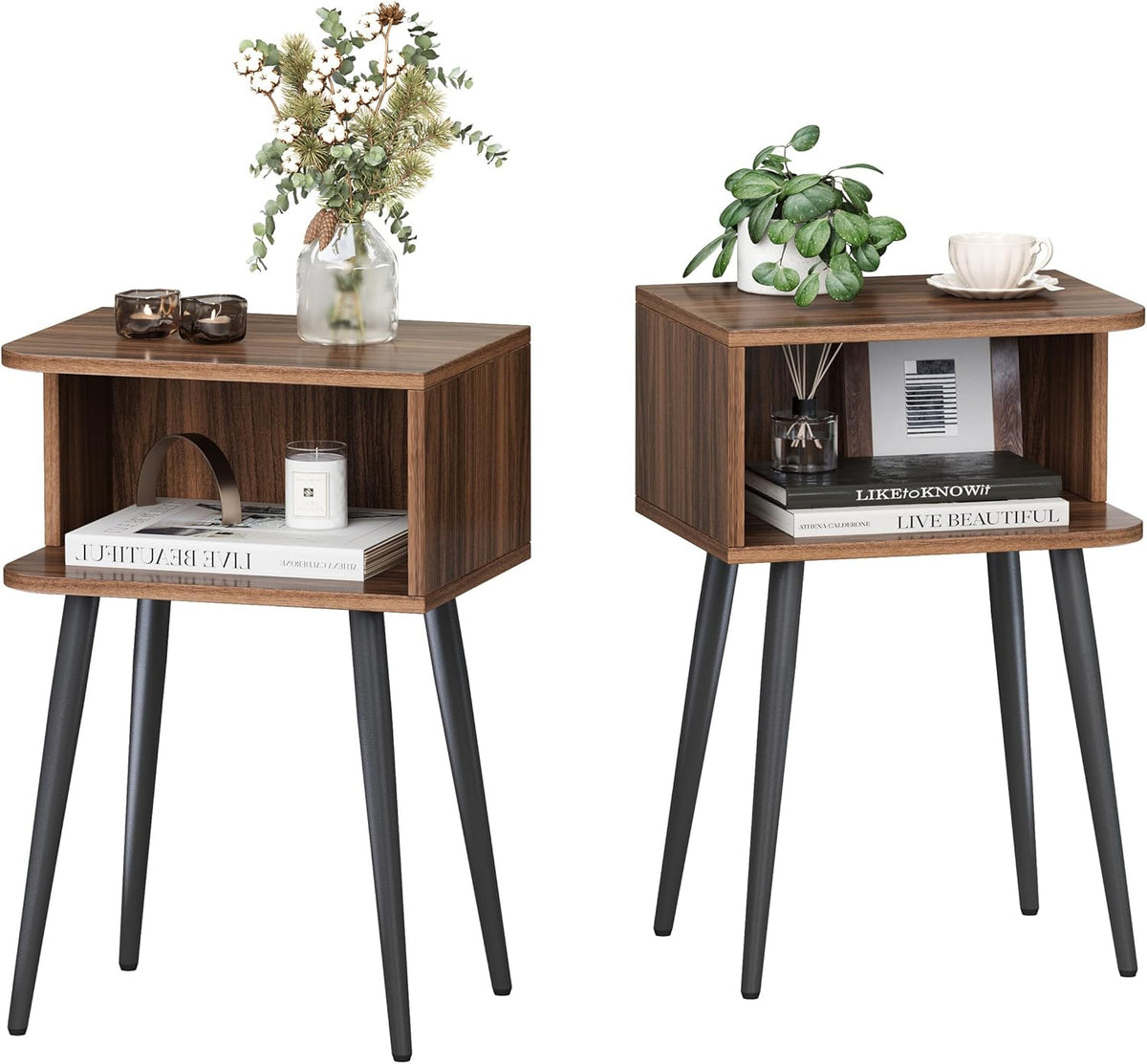 Nightstand Set of 2, Small Bed Side Table for Small Spaces, Mid Century Modern Nightstand End Table with Open Storage, Side Table for Bedroom Living Room, Walnut Brown MLBZ20R-2
