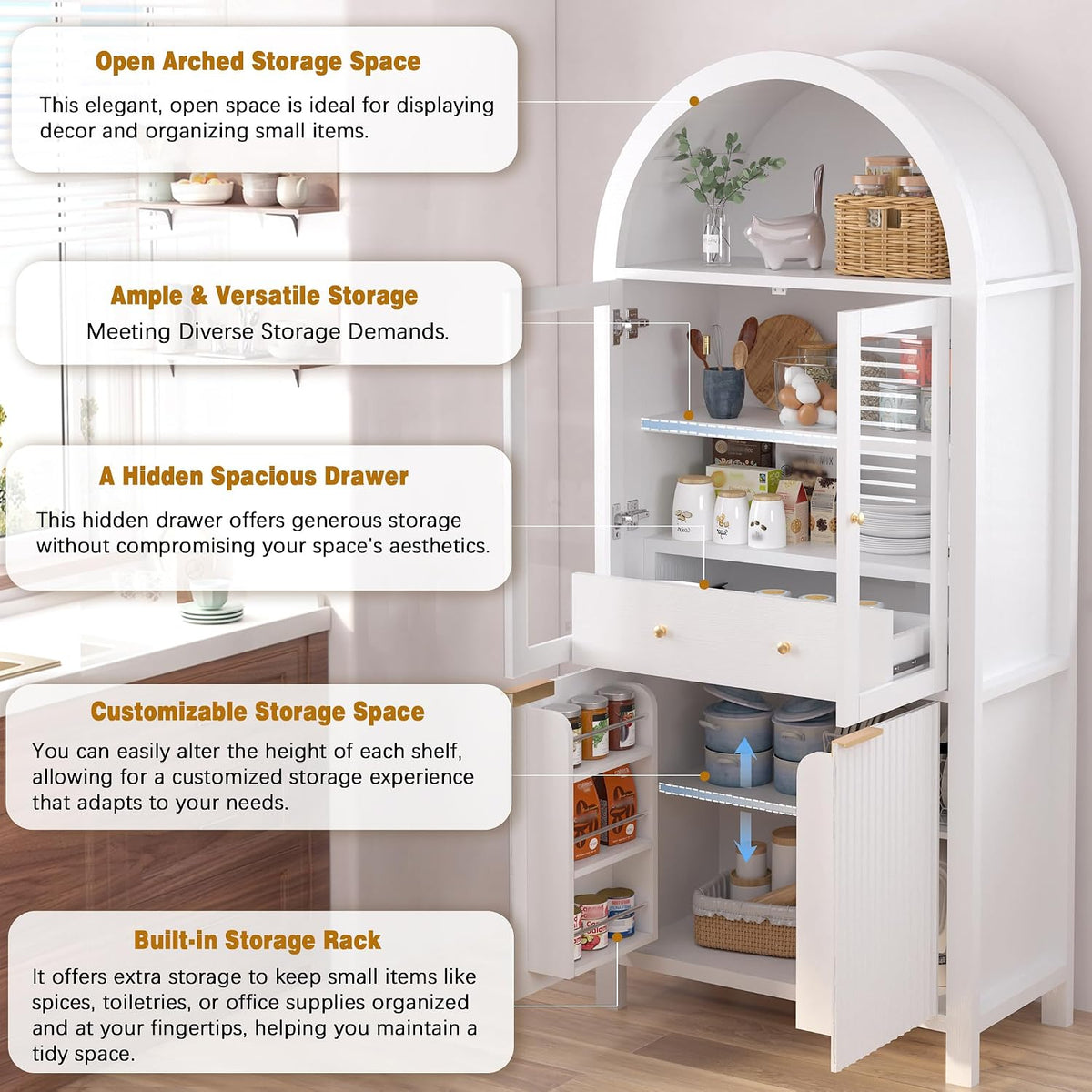 71" Fluted Tall Arched Kitchen Pantry with Glass Door, Farmhouse Storage Cabinet with Adjustable Shelves & Hidden Drawer for Kitchen, Living Room, Dining Room, White