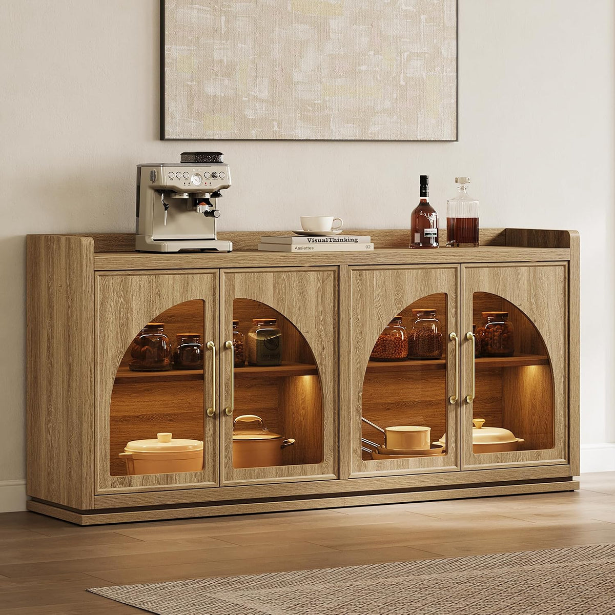 SICOTAS Sideboard Buffet Cabinet with Storage and LED Lights-Modern Large Credenza Storage Cabinet with Arch Glass Doors, Adjustable Shelves, 61.7" Wooden Media Console Coffee Bar Cabinet, Brown Oak