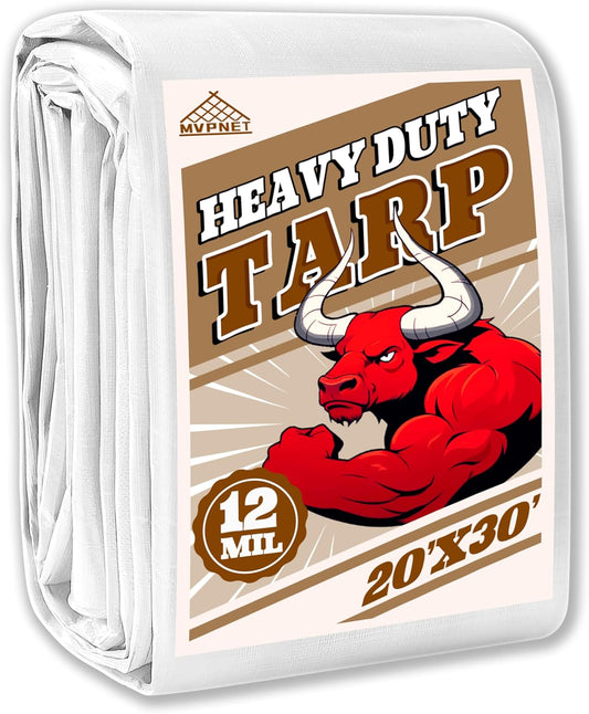 Tarp 20x30 ft Heavy Duty 12mil 100% Waterproof High Durability Multipurpose,Uv Resistant,White Tarp Suitable for Swimming Pools, Boats, Camping, Courtyards, Etc -by MVPNET