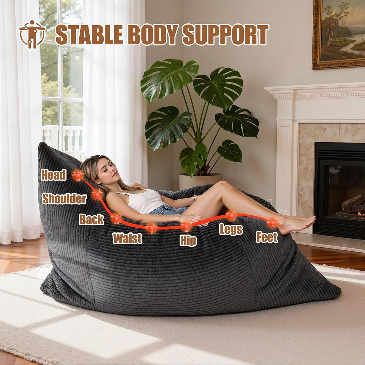 4 in 1 Giant Bean Bag Chair for Adults & Kids, 75” Beanbag Couch with High-Density Memory Foam Filling, Multifunctional Floor Sofa Lounger Suitable for Living Room Bedroom Apartment (Grey)