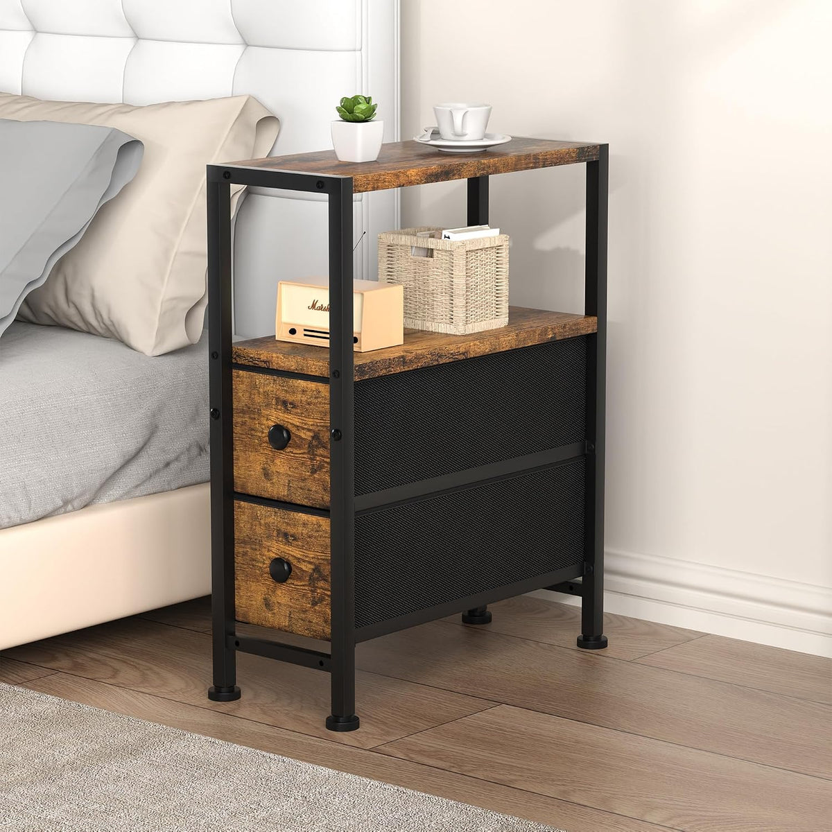 Small Narrow Side Table with Drawers, Skinny End Table for Small Spaces, Slim Nightstand with Storage, sofa bedside Table in Living Room, Bedroom, Study, kitchen and Balcony (Rustic Brown)M-LBZ83B1V1