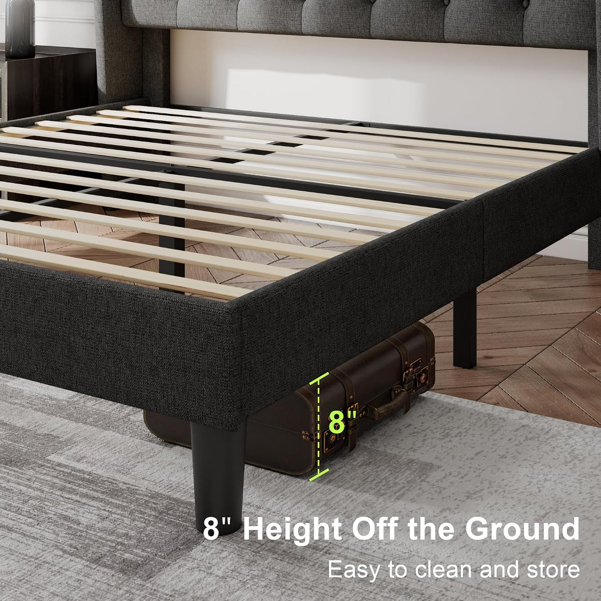 Feonase Queen Size Bed Frame with Diamond Tufted Wingback Headboard, Morden Upholstered Platform Bed, Sturdy Wooden Slats Support, Noise-Free, No Box Spring Needed, Easy Assembly, Dark Gray