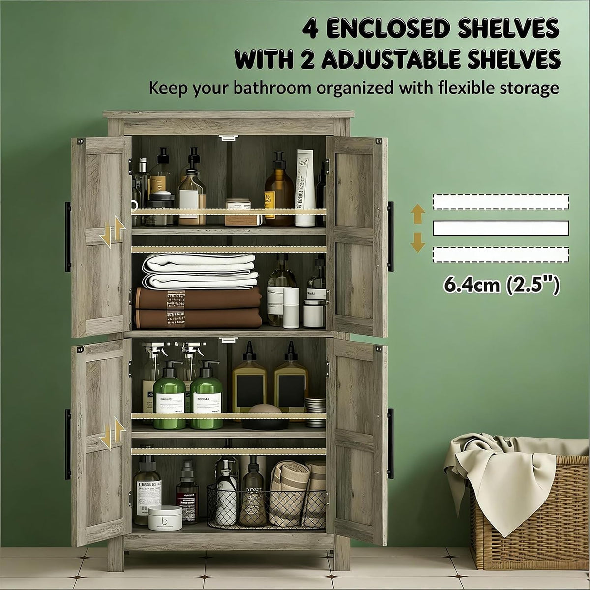 Kitchen Pantry Cabinet, 43.3” Wood Pantry Storage Cabinet with 4 Doors and 2 Adjustable Shelves, Freestanding Food Cabinet for Pantries, Kitchen, Livingroom, Dining Room, Light Gray