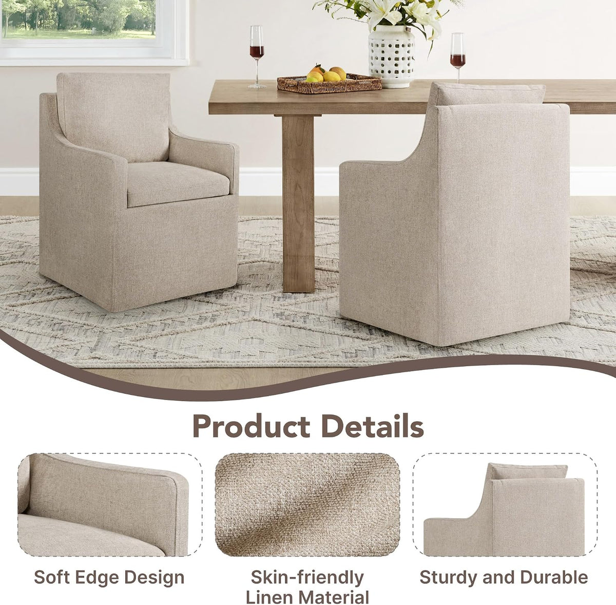 KISLOT Upholstered Dining Chairs Set of 1 with Washable Cover, Khaki | Modern Rolling Dining Room Chairs with Casters, Hidden Storage Seat, Linen Look Fabric, Padded Kitchen Accent Chairs