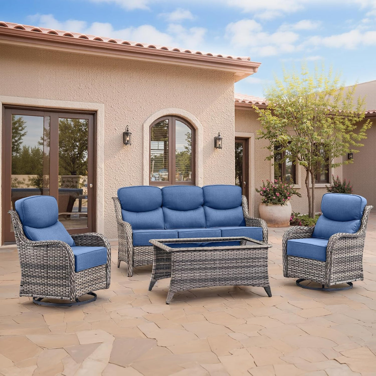 Swivel Patio Chairs sofa Set of 4 with 6" Thick Cushion - Wicker Outdoor Swivel Rocker Patio Chair ,Sofa/Glass coffee table, High Back Comfortable Outdoor Glider Chairs - Grey Wicker | Blue Cushions