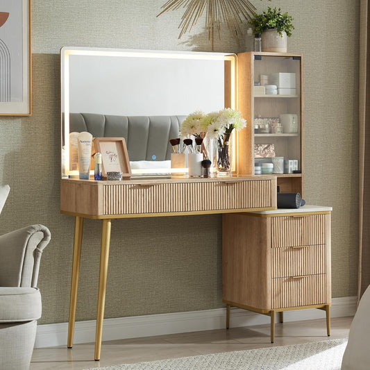 T4TREAM Fluted Makeup Vanity Desk with 36" HD Lighted Mirror, 48" Big Modern Vanity Desk with Mirror and Lights, Dressing Table with 5 Drawers & Shelves, Glass Top for Bedroom (Natural Oak)