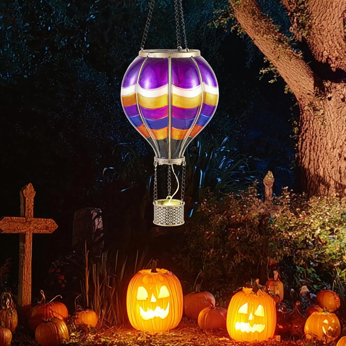 TERESA'S COLLECTIONS Hot Air Balloon Solar Lantern for Halloween Garden Decor, Flickering Flame Hanging Solar Light for Outdoor Yard Tree Porch Lamp Decorations Outside, Gift for Halloween Party