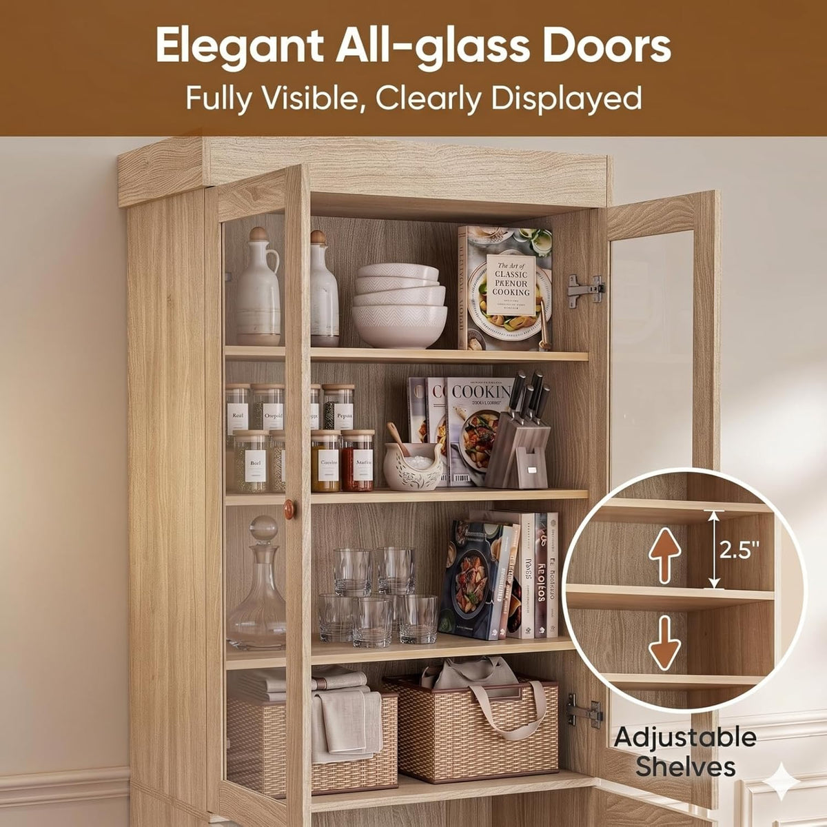 71" Tall Farmhouse Kitchen Pantry, Large Storage Cabinet with Glass Doors, Adjustable Shelves, 3 Drawer, Wood Versatile Hutch Cabinet for Dining Room, Living Room，Brown，4pcs