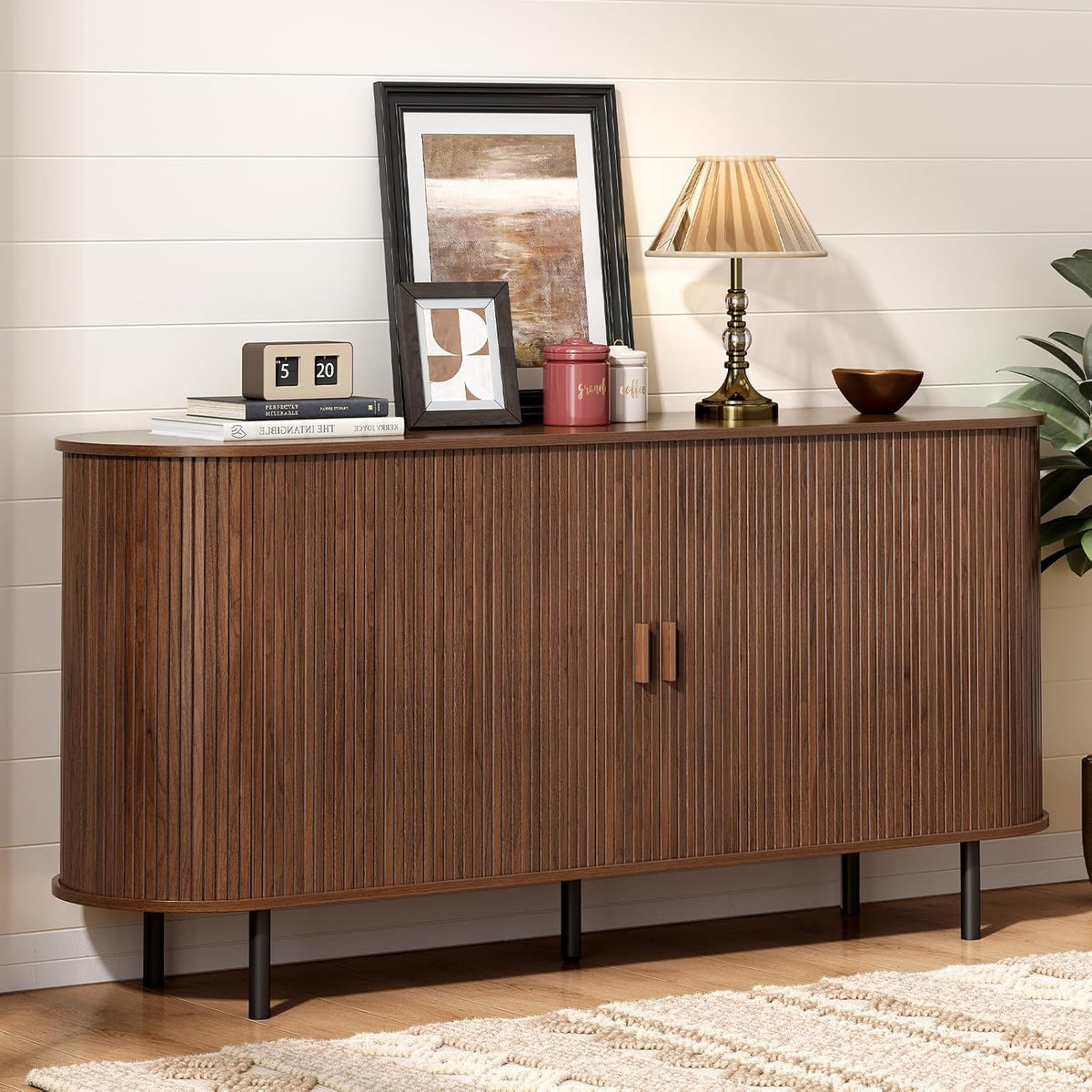 ONBRILL 63" Sideboard Buffet Cabinet, Sliding Door/Adjustable Shelf, Walnut