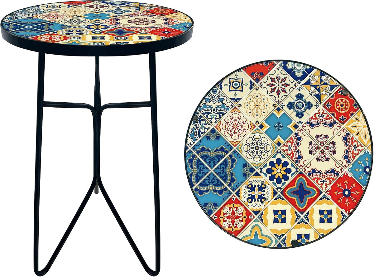 Mosaic Round Sode Tea Table, Outside Unique Furniture, Small End Outdoor Side Valentine's Day Dining Room Table, Indoor Balcony Outdoor Furniture, Balcony Patio Valentine's Day Decor