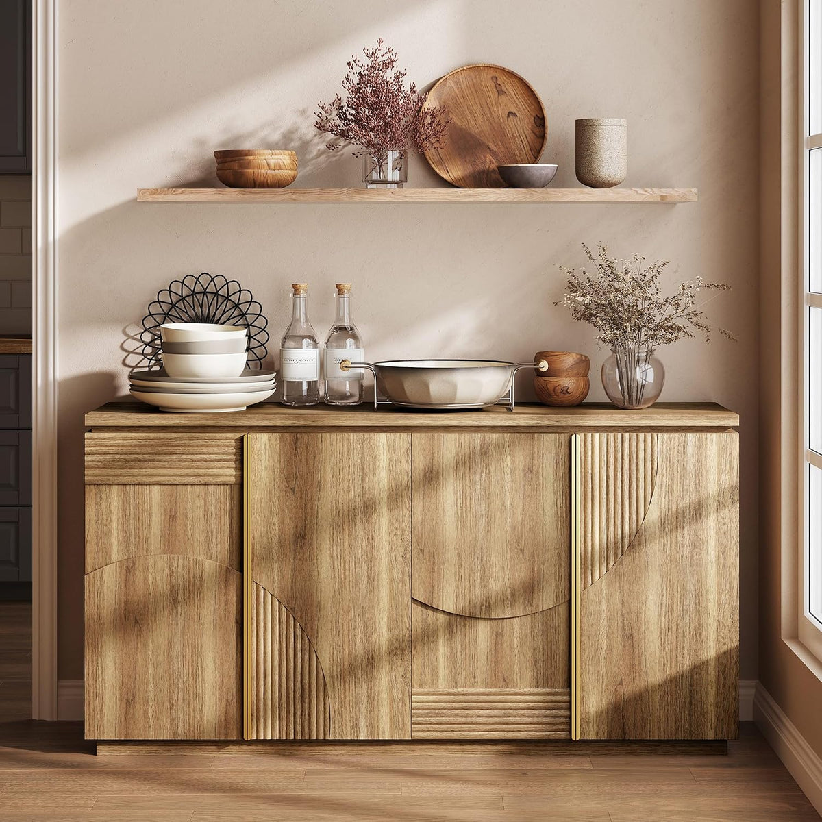 BELLEZE Sideboard Buffet Cabinet with Storage, 62 Inch Mid Century Modern Arched Wood Buffet Table, Versatile Credenza Console Table for Kitchen, Entryway, Dining Room, or Hallway