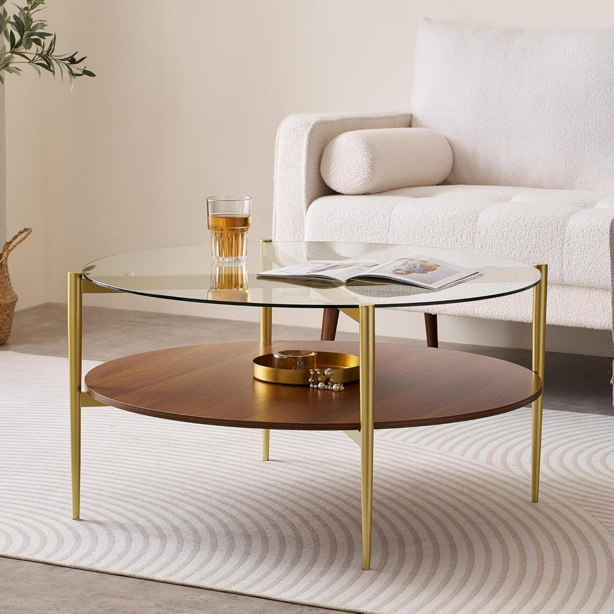 Extra Large Round Coffee Table, Mid-Century Modern Design, D34 x H17 in, for Living Room, 2-Tier Structure, Clear Glass Top and Walnut MDF Shelf, Sleek Conical Metal Legs with Gold Finish