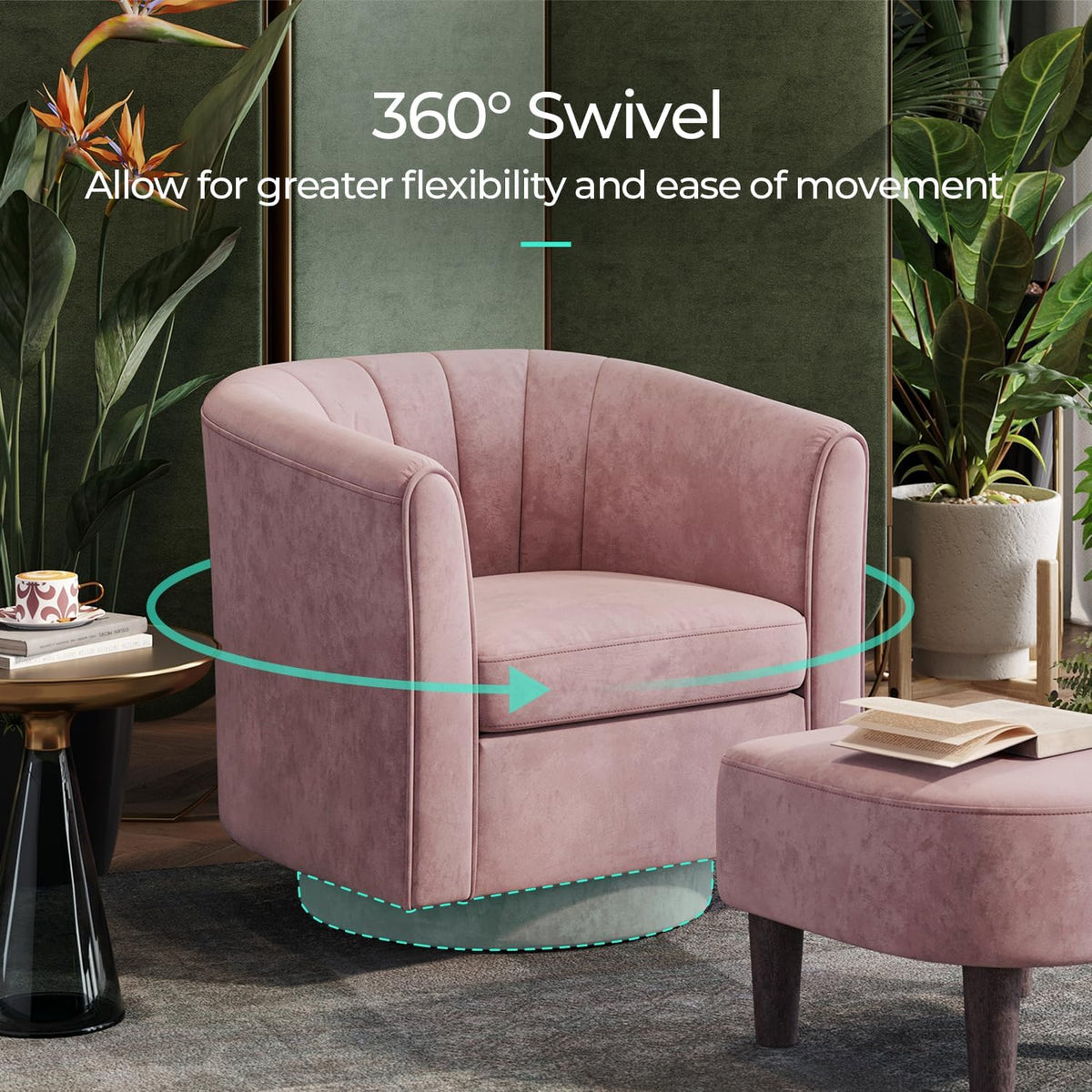 LINSY Swivel Accent Chair Ottoman Set: Velvet Small Barrel Chair with Foot Rest, Modern Reading Chair Upholstered Armchair with Footrest for Living Room Bedroom Study Room Office (Pink)