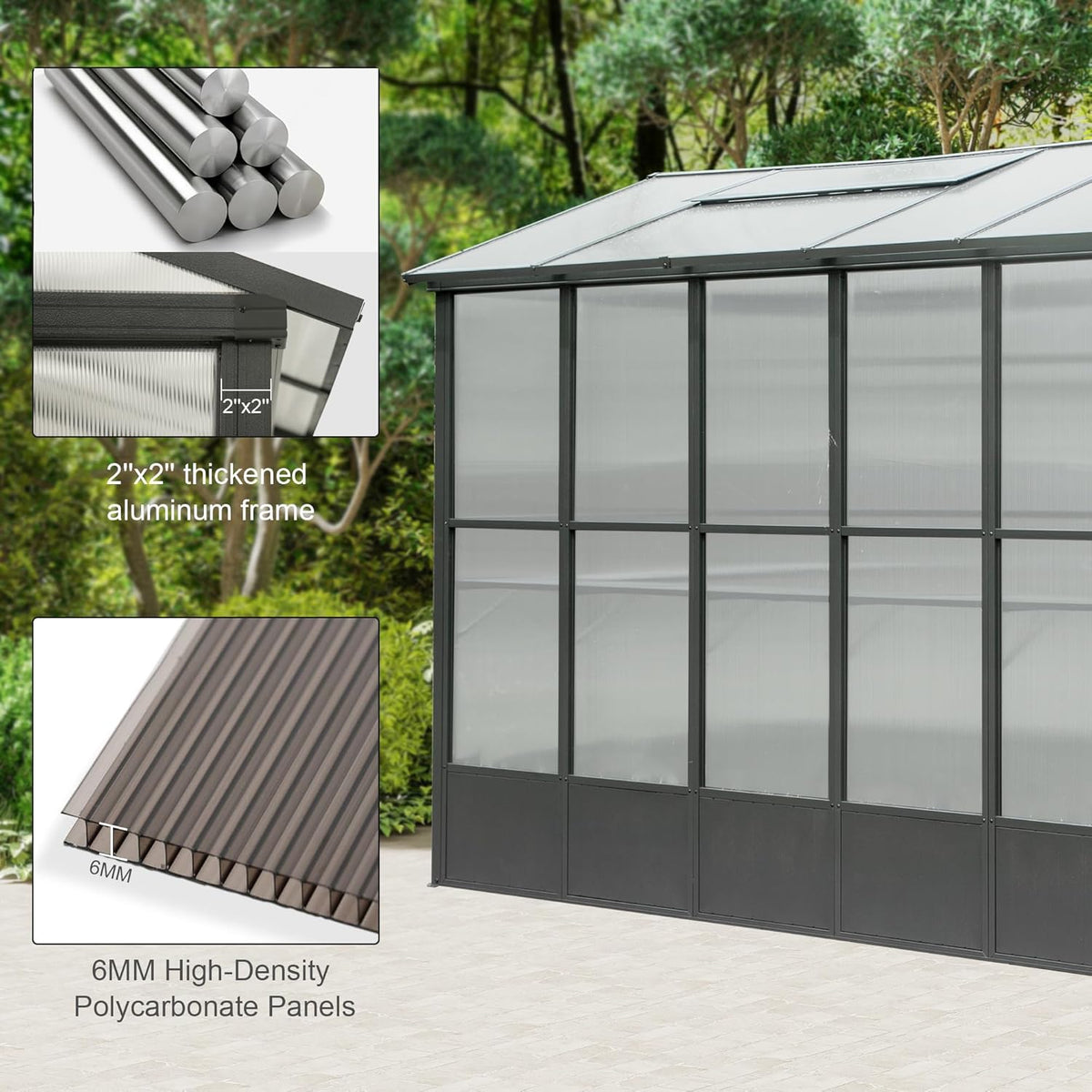 Domi 8x10FT Polycarbonate Greenhouse with Automatic Vent, Extra Tall 8FT Walk-in Aluminum Frame, Weather-Resistant Green House with Shelves & Hooks for Outdoor Garden, Backyard, Dark Grey