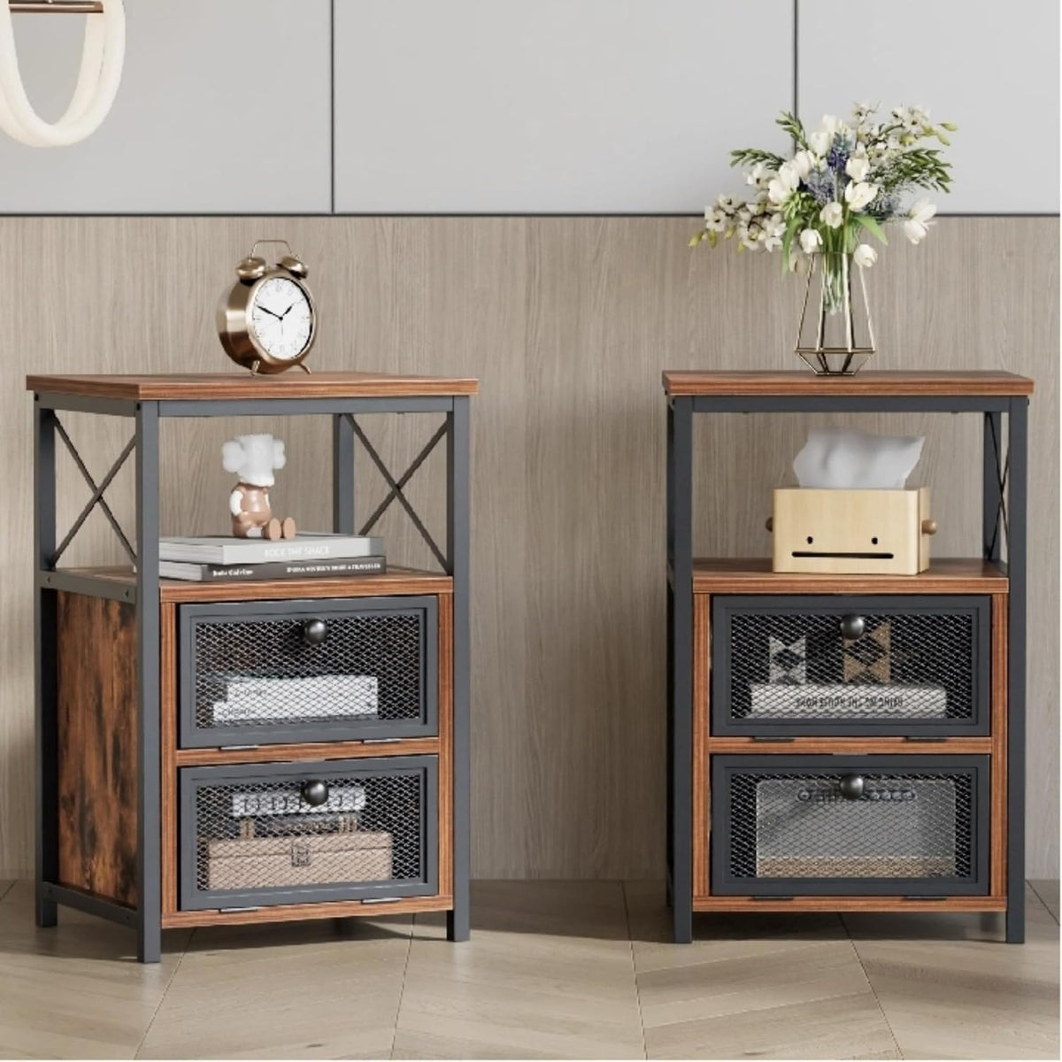 VECELO Nightstand Set of 2, End Table with Flip Drawer, Modern Night Stand for Bedroom,Living Room, Office, Easy Assembly, Amber Brown