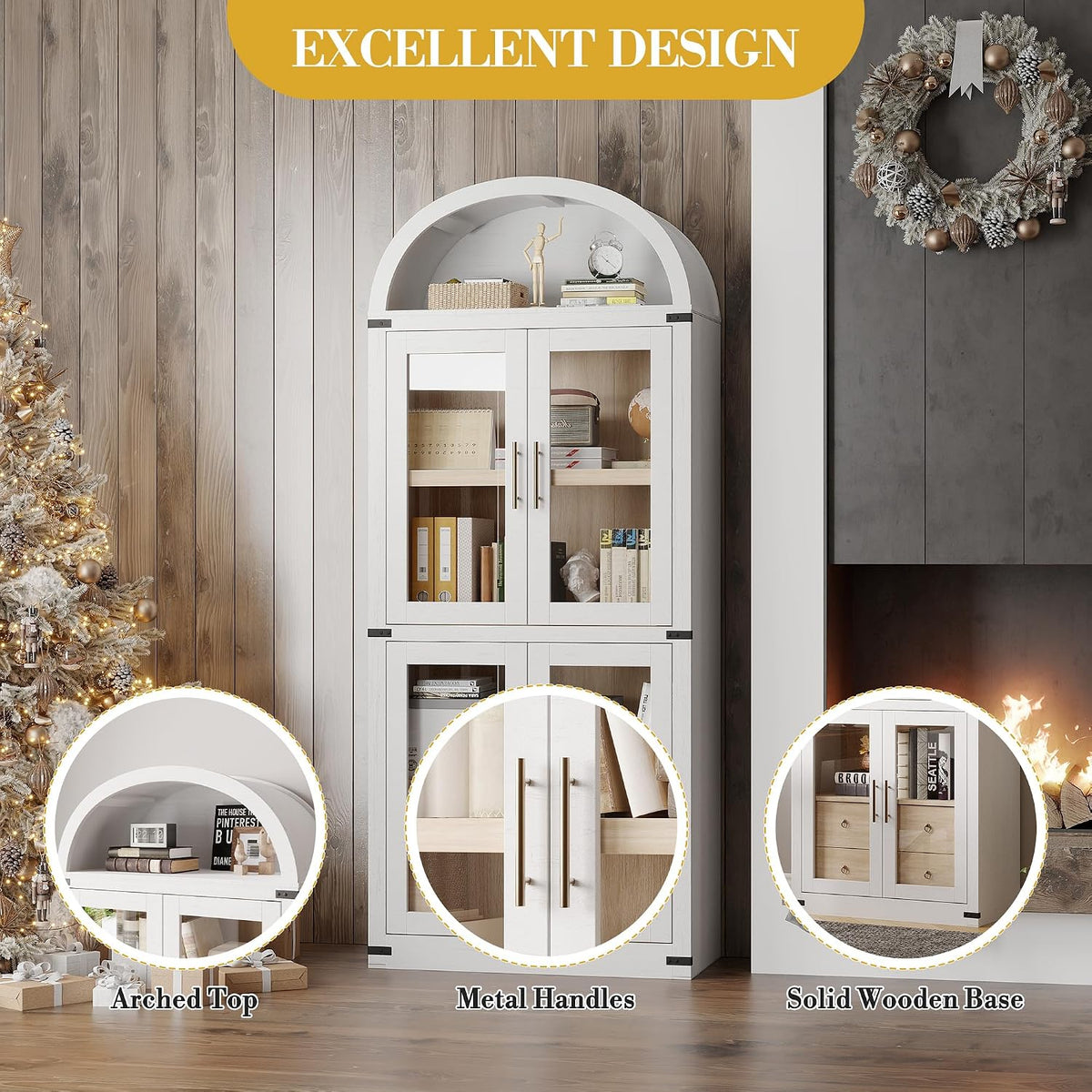 IDEALHOUSE Arched Kitchen Pantry Cabinet,71'' Wood Storage Cabinets Bookcase,Farmhouse Storage Display Cabinet with Glass Doors,2 Large Drawers,Versatile Cupboard for Living Room,Dining Room(White)