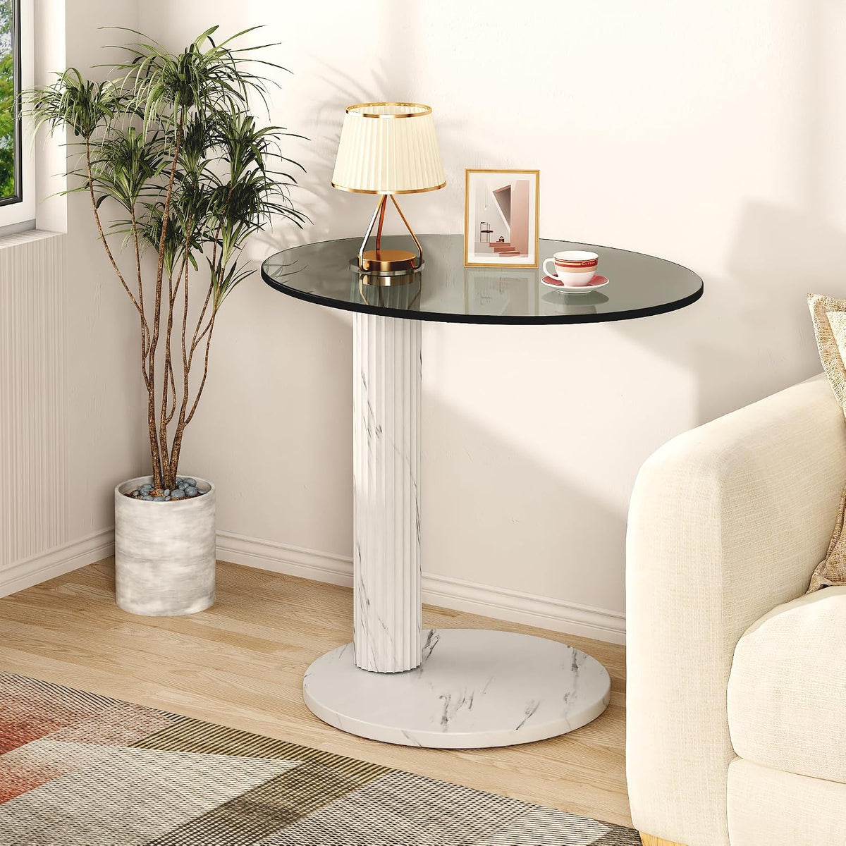 Hooseng Glass Round Coffee Table End Table, 22-Inch Modern Tempered Transparent Glass Top,Perfect for Living Room,Cafe,Home,and Office(White)