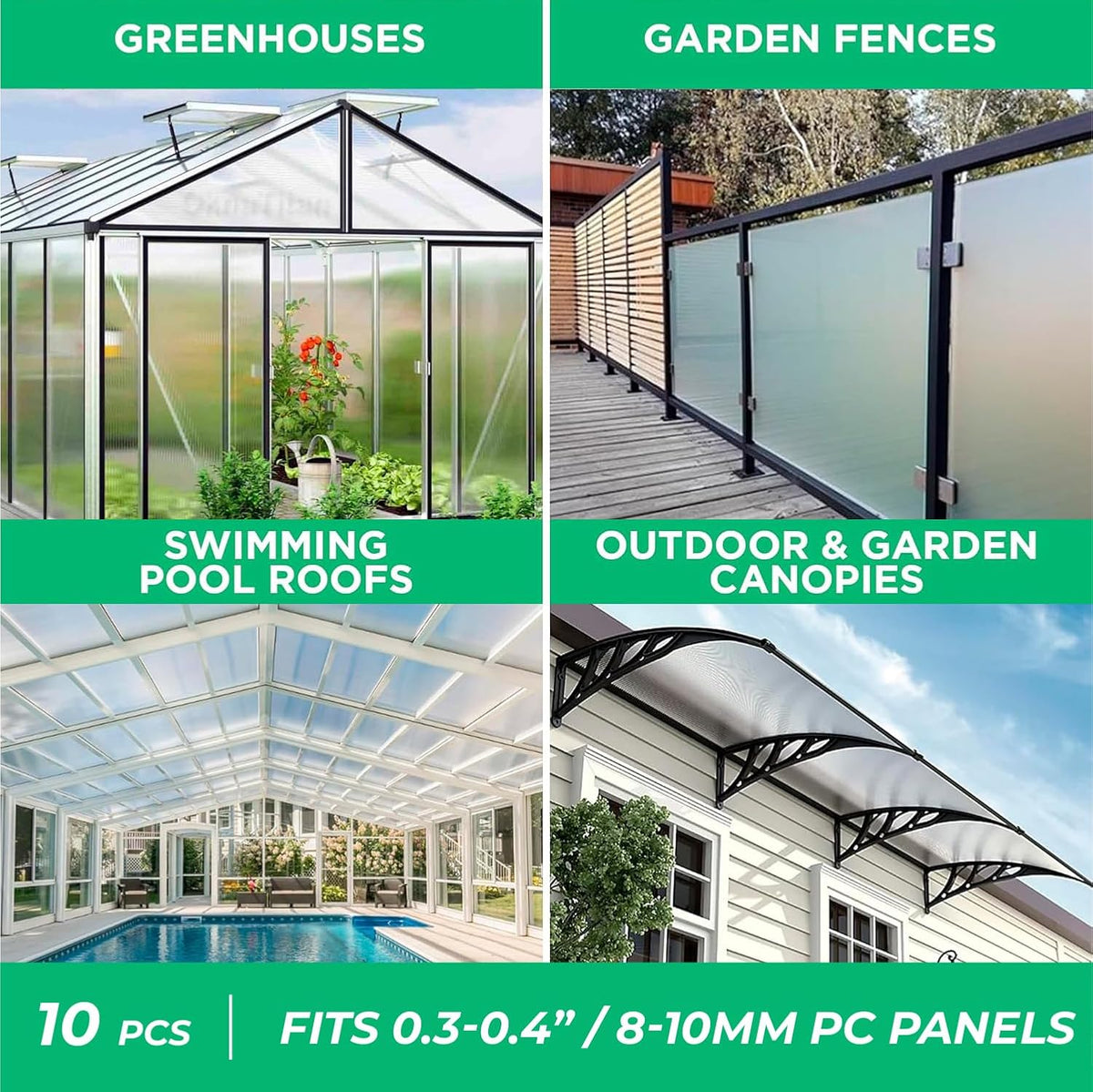 Polycarbonate Greenhouse Panels Connectors - 0.4" Thick, Fit 10mm or 8mm Twin-Wall Polycarbonate Panels, Join 2 Pieces of Panels Together, 4-Foot Length, 10 Pieces (H Connectors 10mm-4ft)