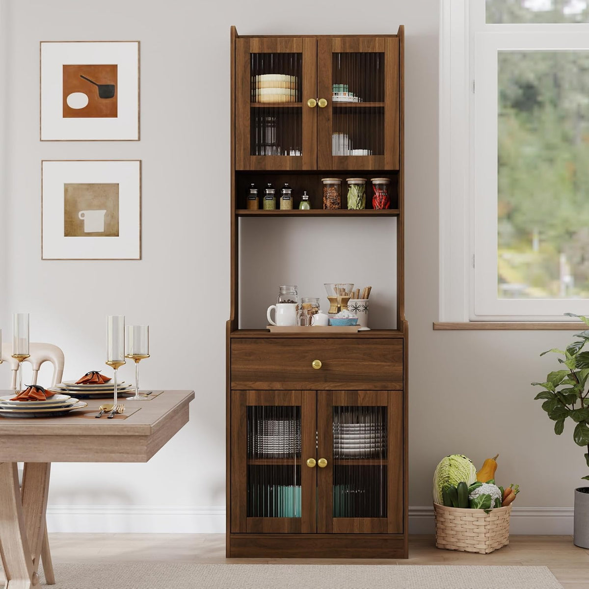 Black Farmhouse Kitchen Pantry Hutch, Storage Cabinet with Drawers, Freestanding Buffet Sideboard Coffee Bar (Walnut)