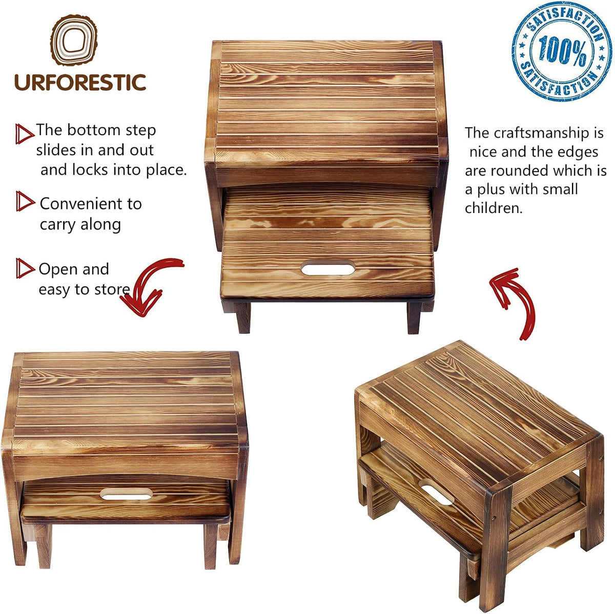 URFORESTIC Handcrafted Solid Wood Bed Step Stool-Foot Stool Kitchen Stools Bed Steps Small Step Ladder Bathroom Stools (Burned)