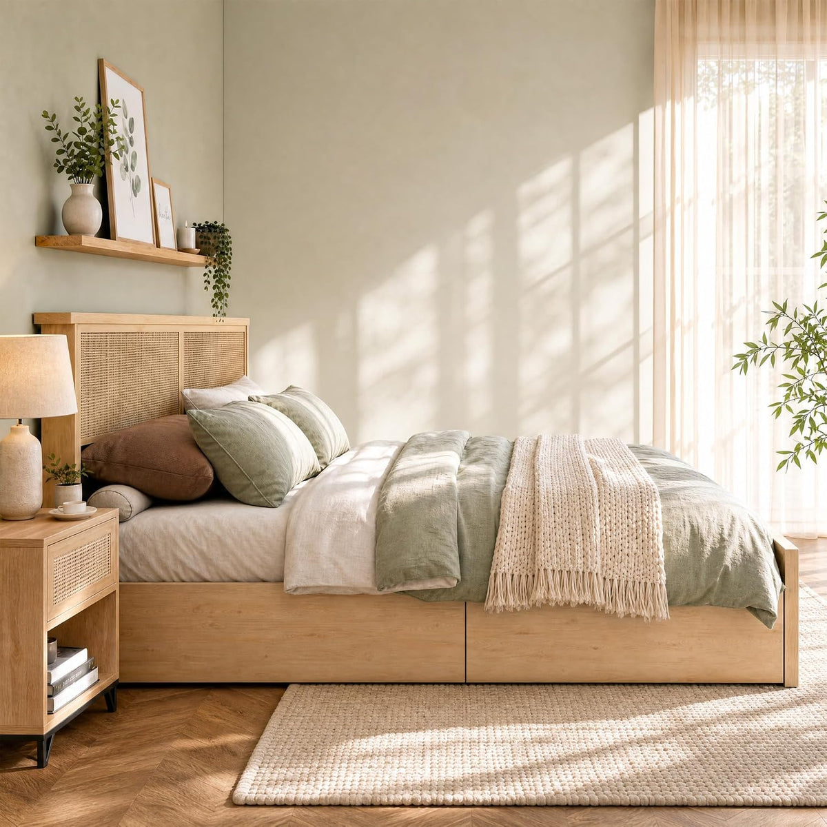 Yechen Queen Bed Frame with Natural Rattan Headboard and Wooden 4 Storage Drawers, Metal Platform with Strong Wooden Slats Support, Boho Cane Bed Mattress Foundation, No Box Spring Needed
